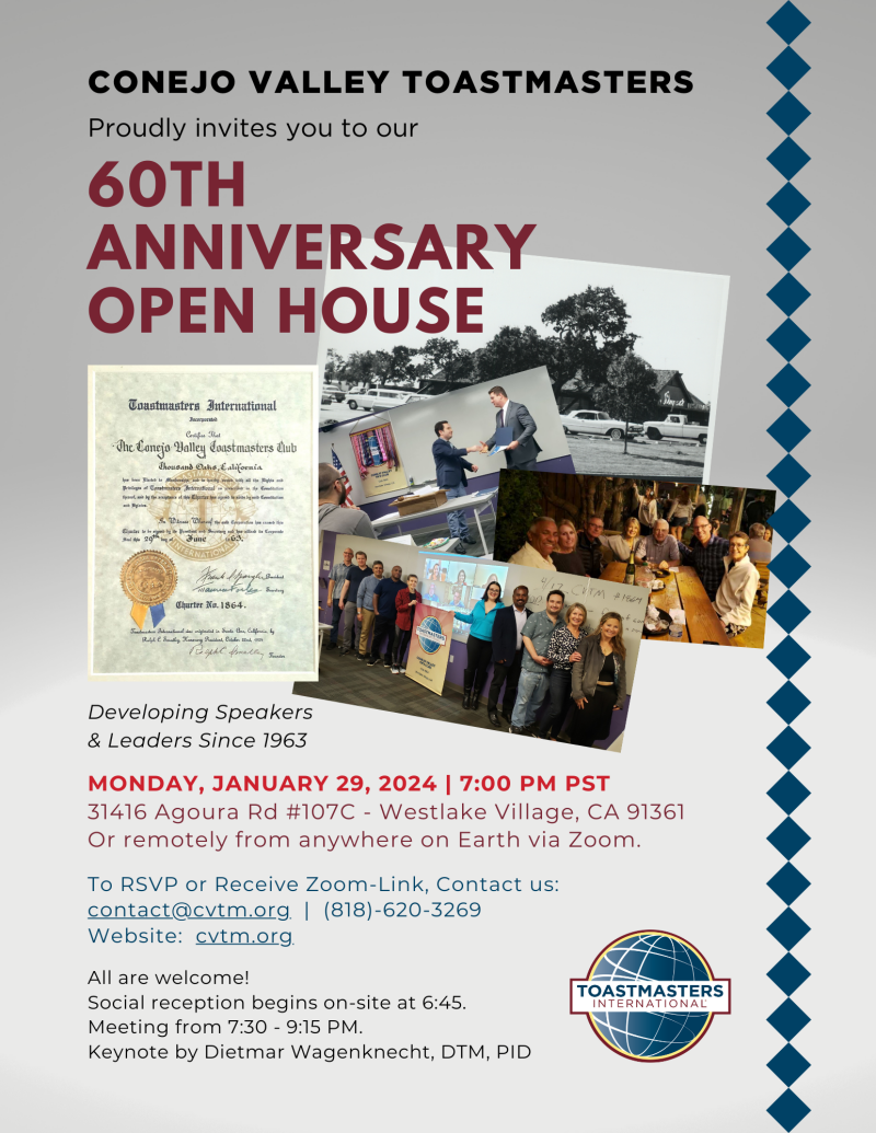 60th anniversary open house flyer. To RSVP contact us at contact@cvtm.org